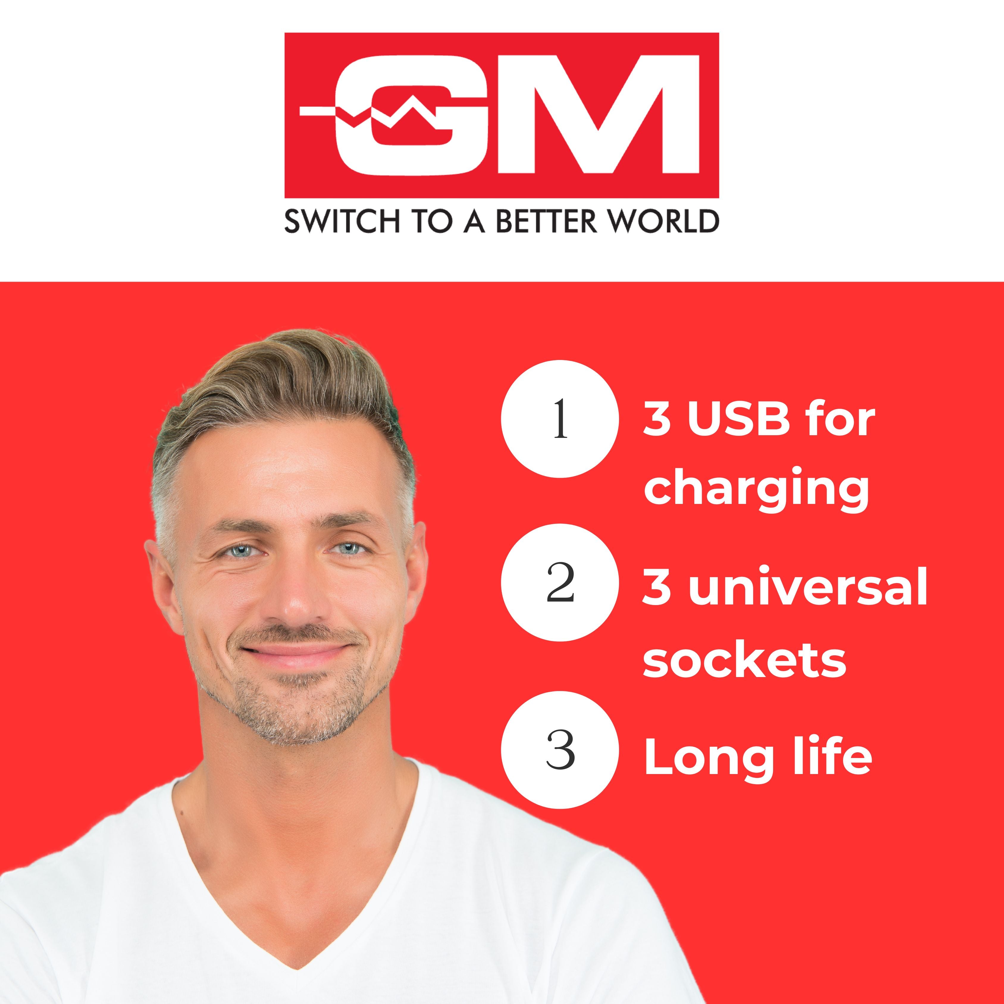 GM Cuba 3-Way Power Extension with 3 USB Ports