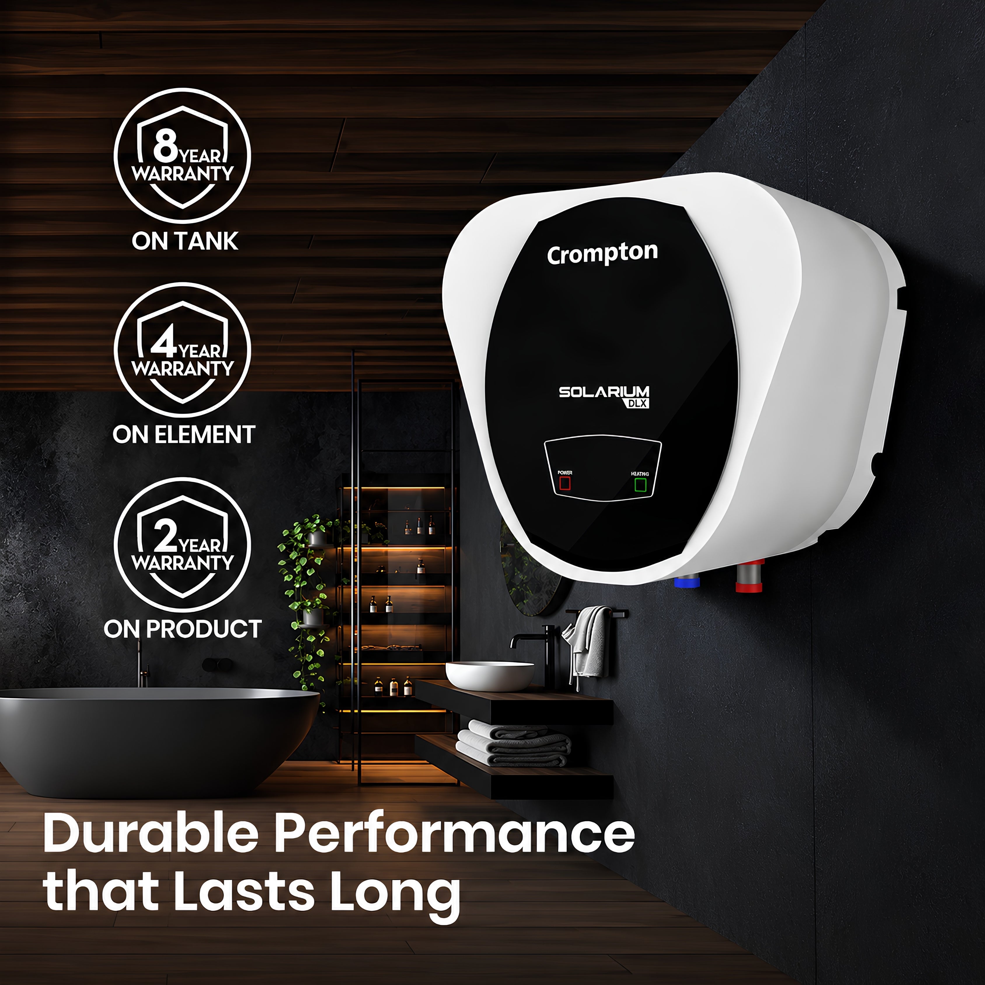 Crompton Solarium DLX 15L 5 Star Water Heater | 2000W Storage Geyser | Glassline Tank | 8 Bar Pressure | 3-Level Safety | 8-Year Tank Warranty | Free Pipe & Installation | White