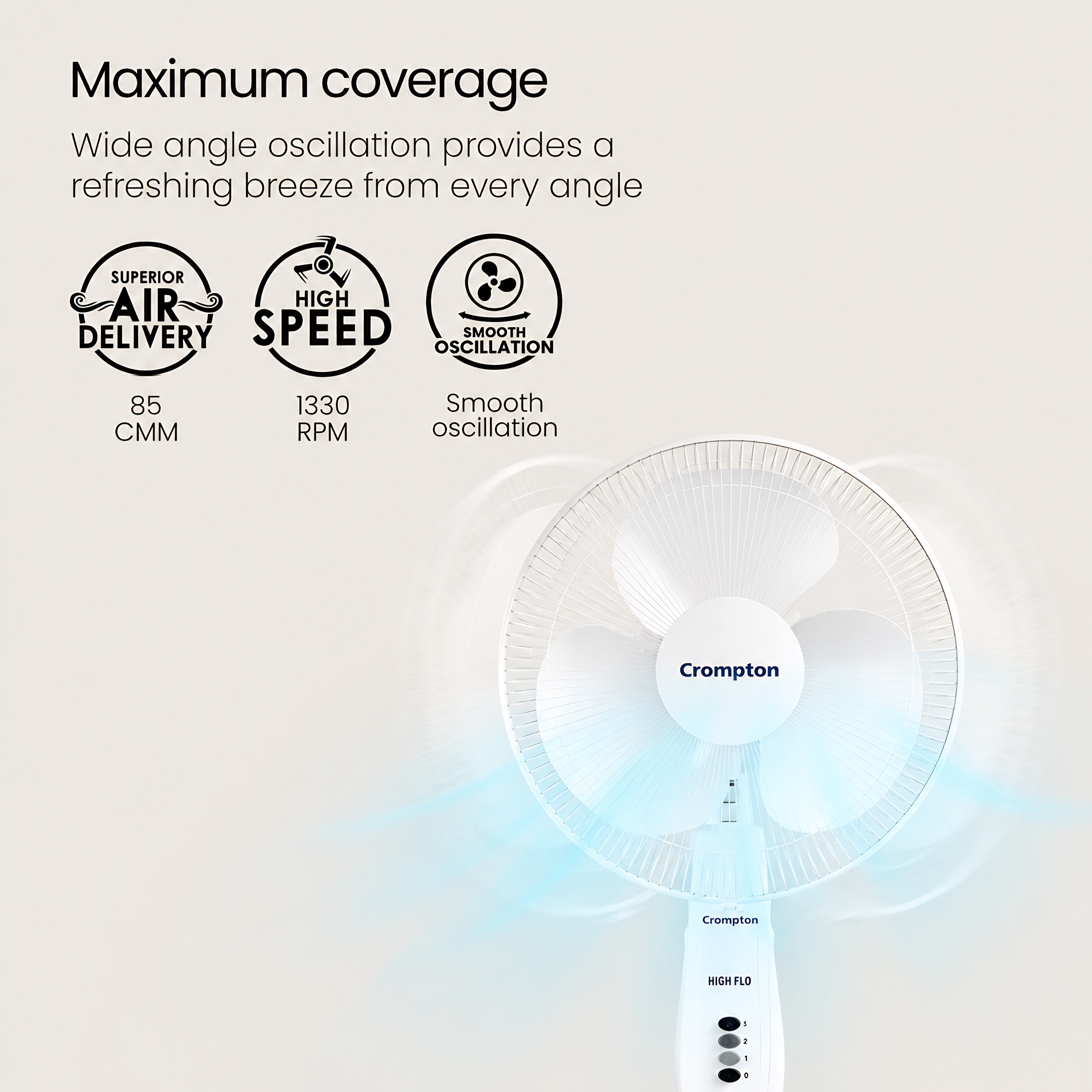 Crompton Hiflo 400mm Pedestal Fan | 1350 RPM | 75 CMM Air Delivery | 50W Power | Adjustable Height | 3 Blades | 2 Year Warranty