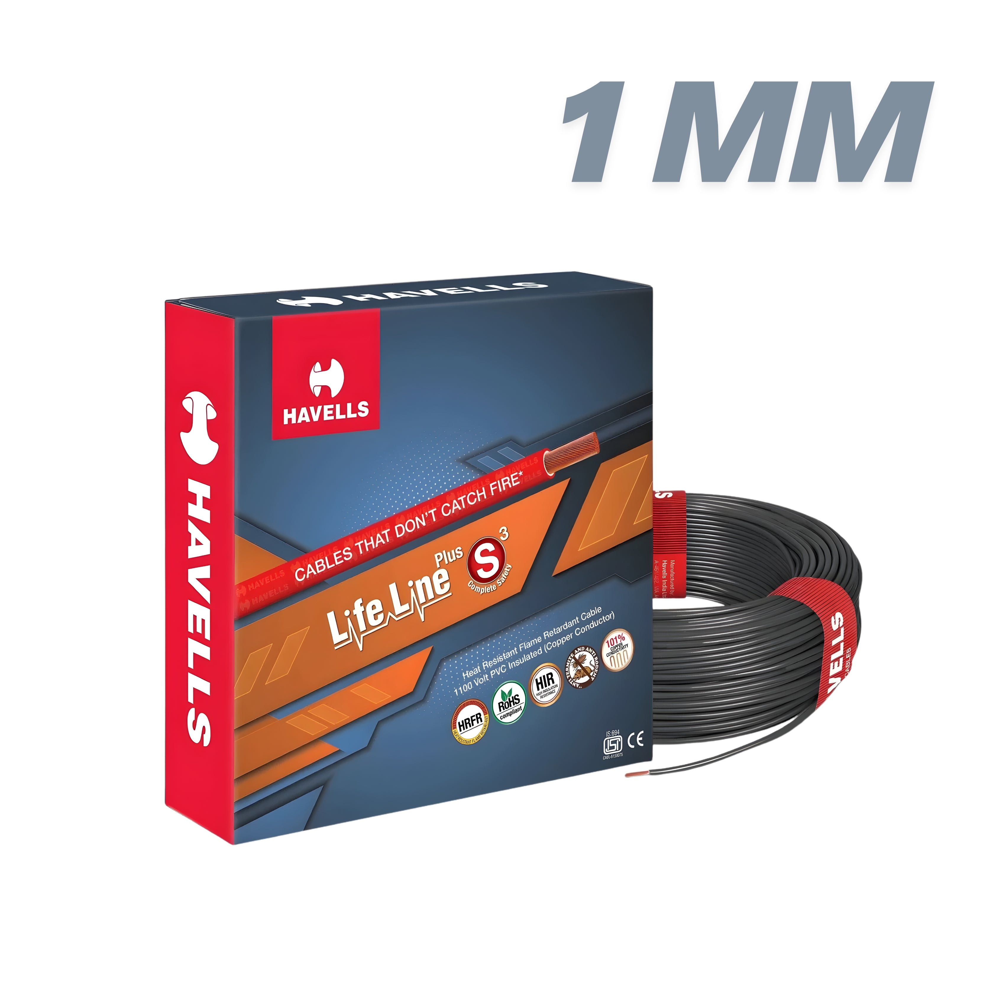 Havells Life Line Plus HRFR Copper Wire 1 sq.mm – 90 Meter Coil (Black)