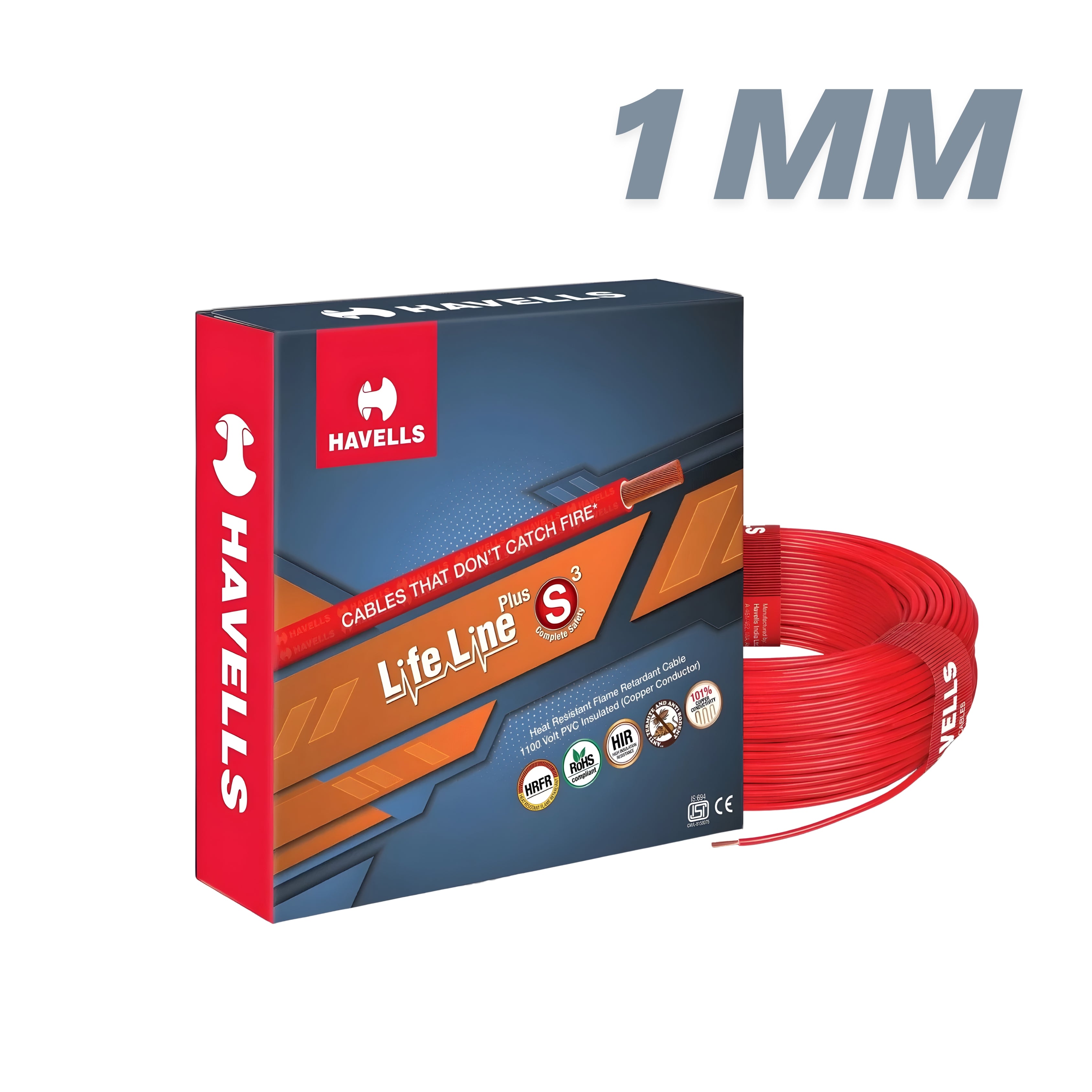 Havells Life Line Plus HRFR Copper Wire 1 sq.mm – 90 Meter Coil (Red)