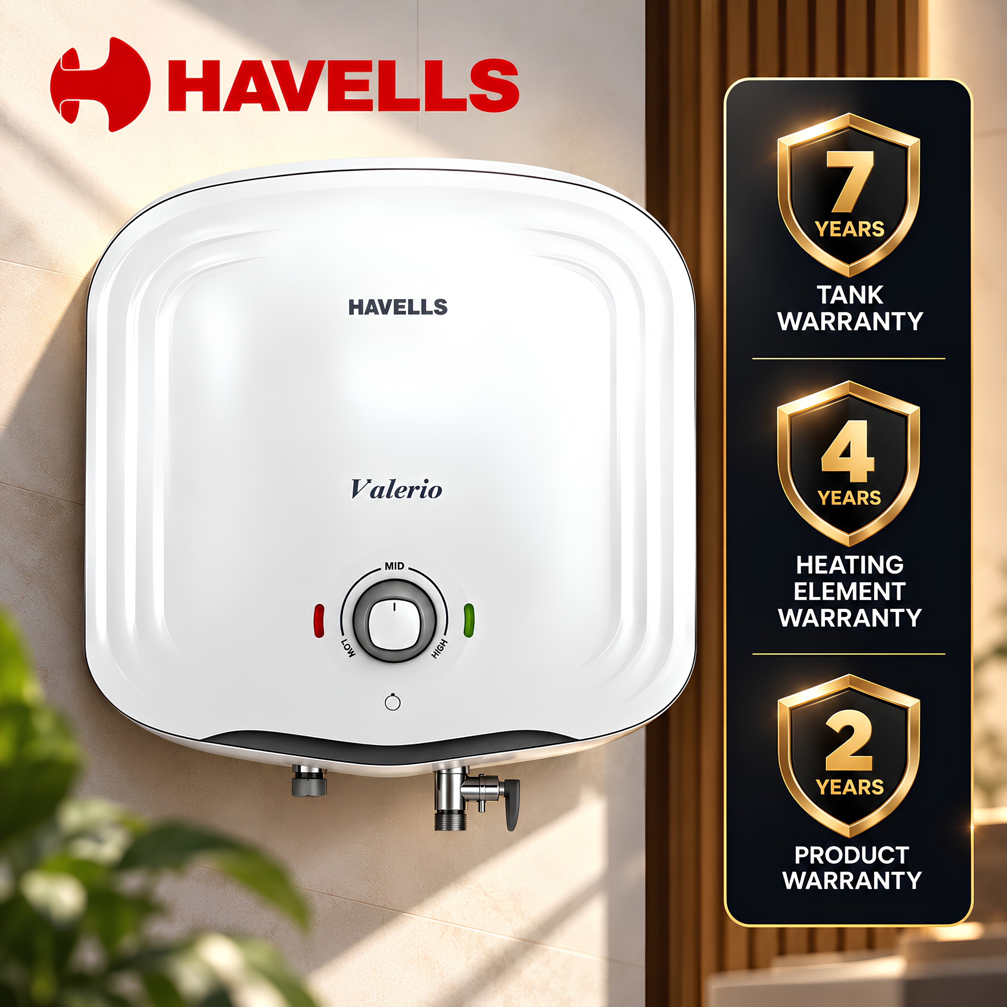 Havells Valerio 15L Water Heater | 5-Star Rated | Glass-Coated Tank & Element | Free Installation + Pipes