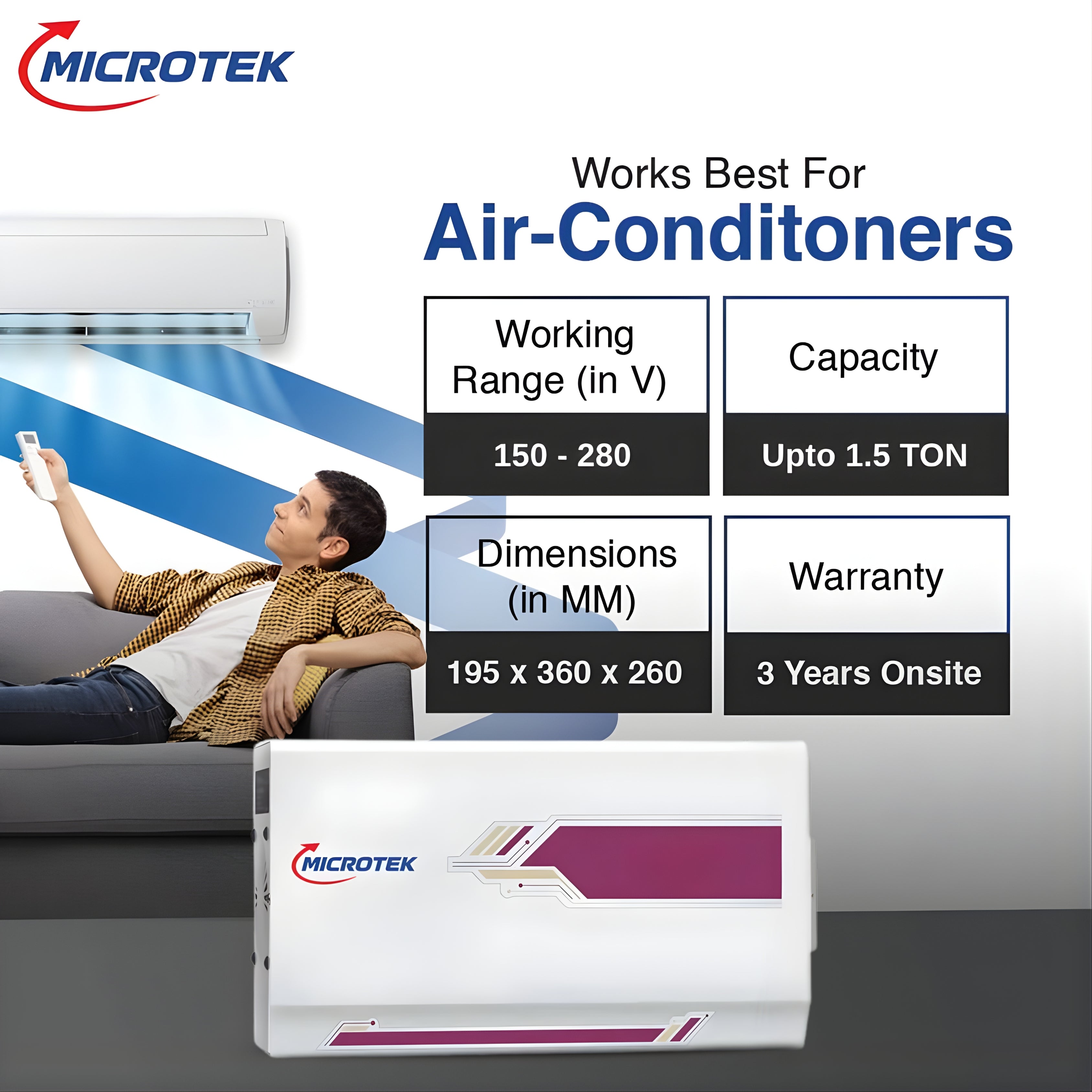 Microtek PEARL EM 4170+ AC Stabilizer for Up to 1.5 Ton AC | 3 Year Warranty