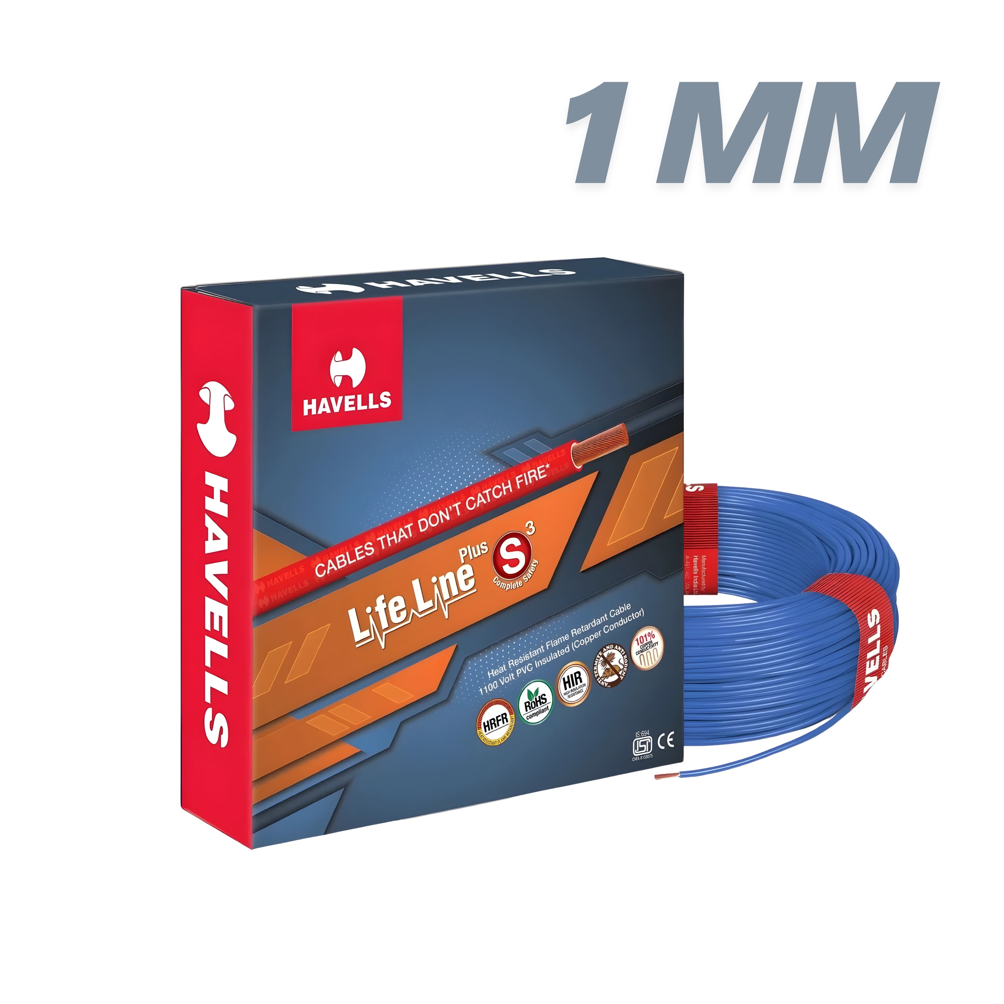 Havells Life Line Plus HRFR Copper Wire 1 sq.mm – 90 Meter Coil (Blue)