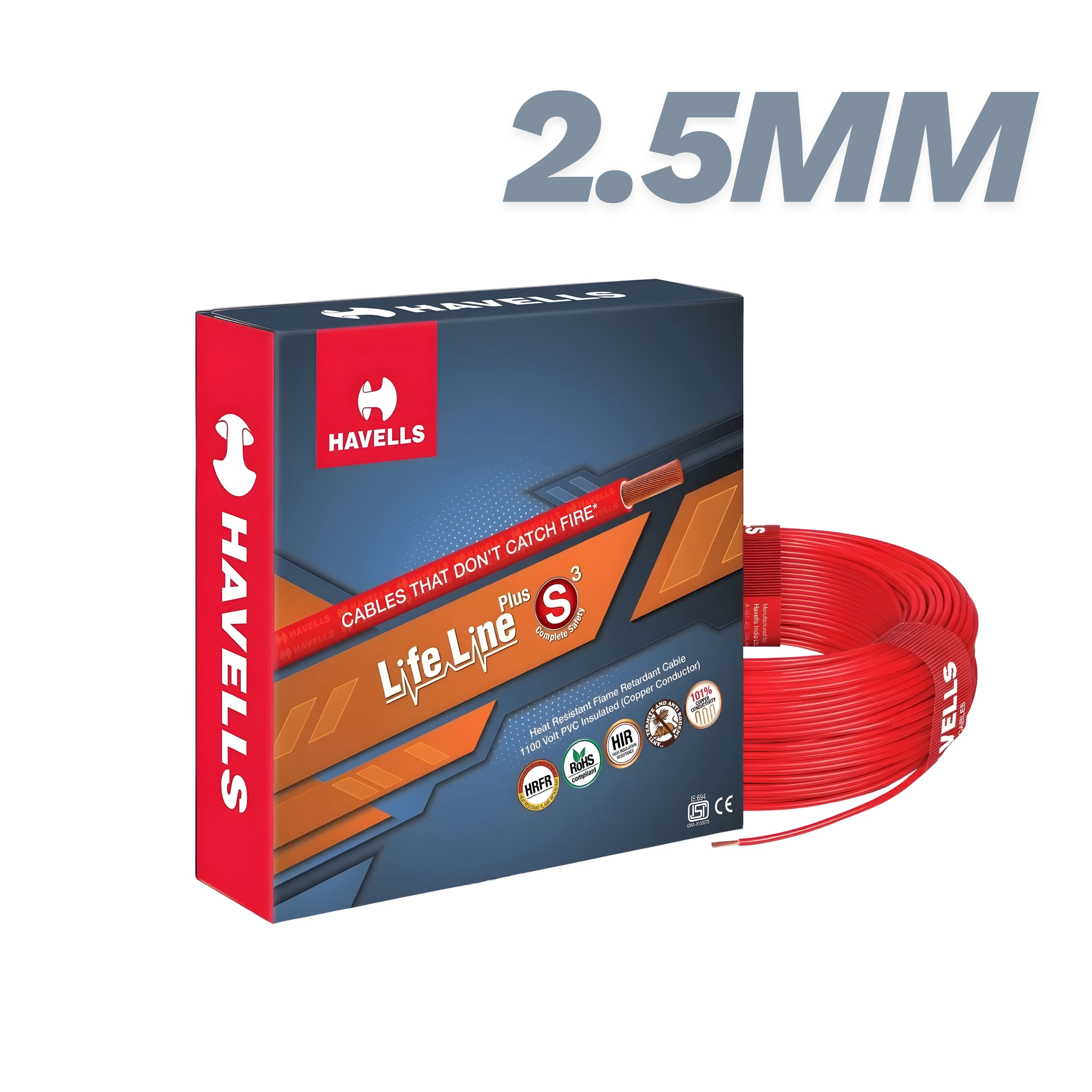 Havells Life Line Plus HRFR Copper Wire 2.5 sq.mm – 90 Meter Coil (Red)