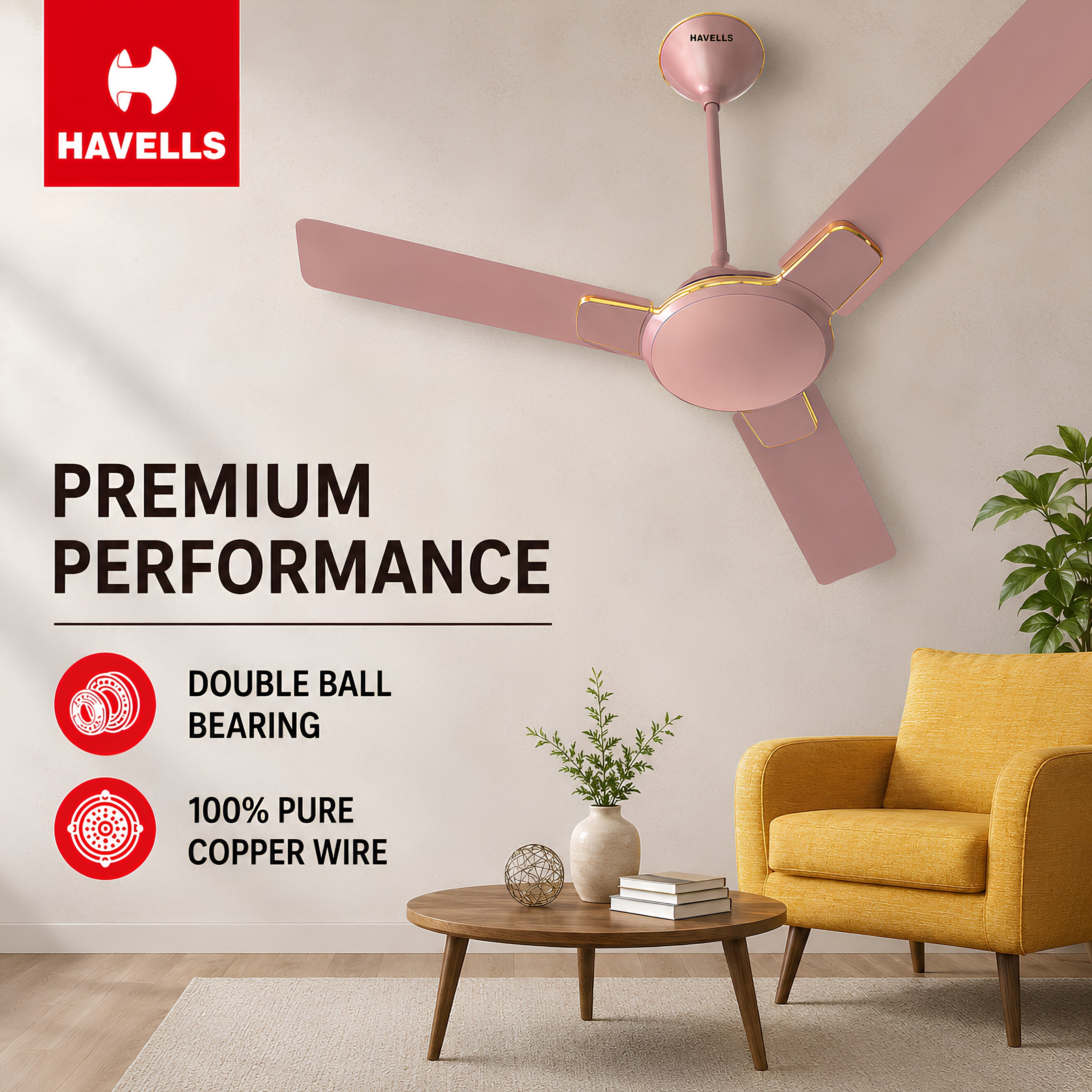 Havells Enticer 1200mm Ceiling Fan Rose Gold – High Speed Copper Motor Decorative Fan