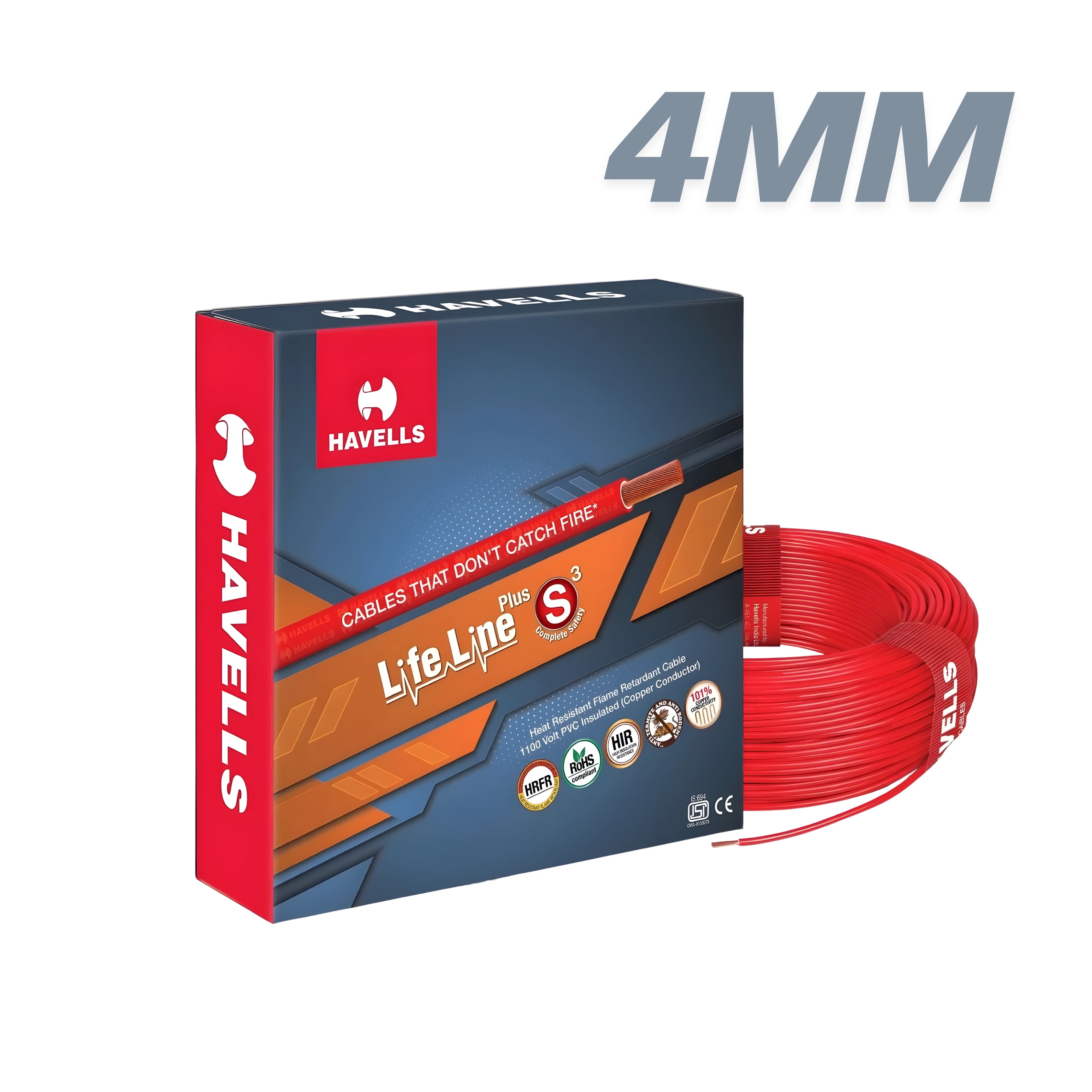 Havells Life Line Plus HRFR Copper Wire 4 sq.mm – 90 Meter Coil (Red)