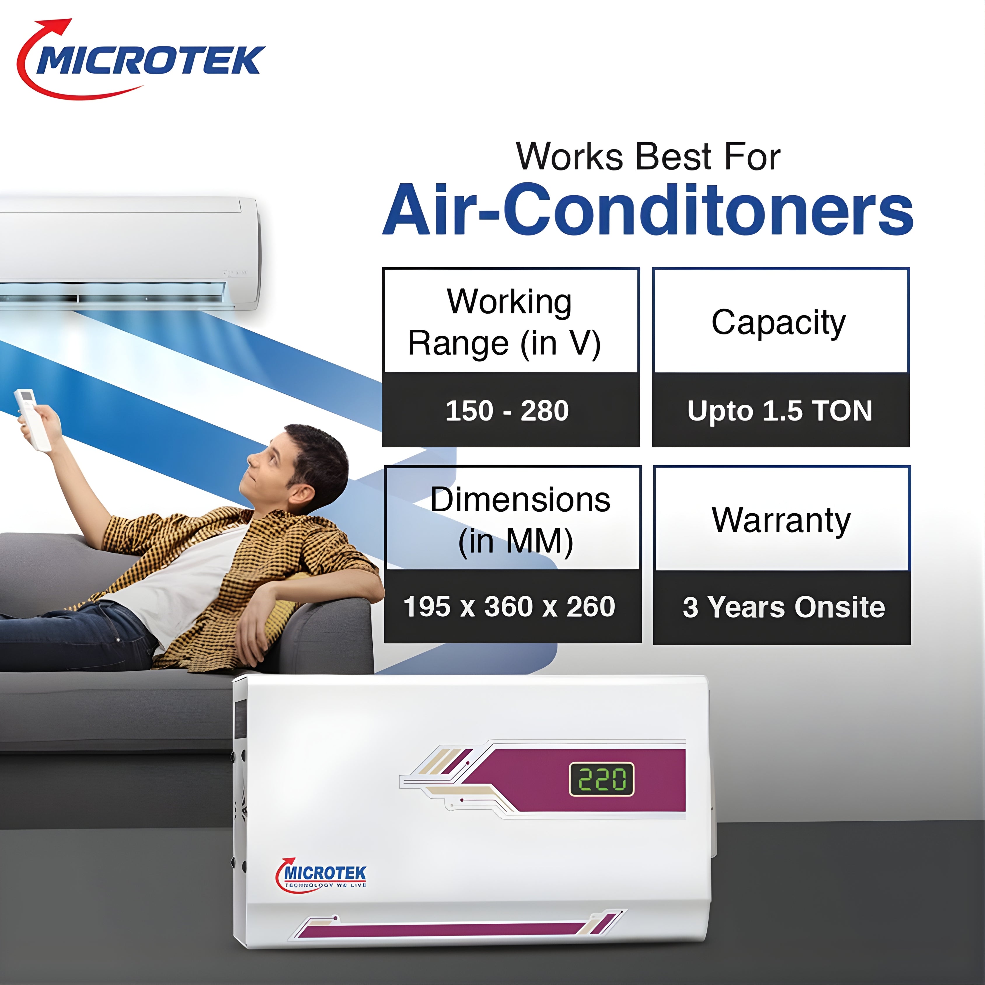 Microtek PEARL EM 4160+ AC Stabilizer for Up to 1.5 Ton AC | Digital Display | 3 Year Warranty