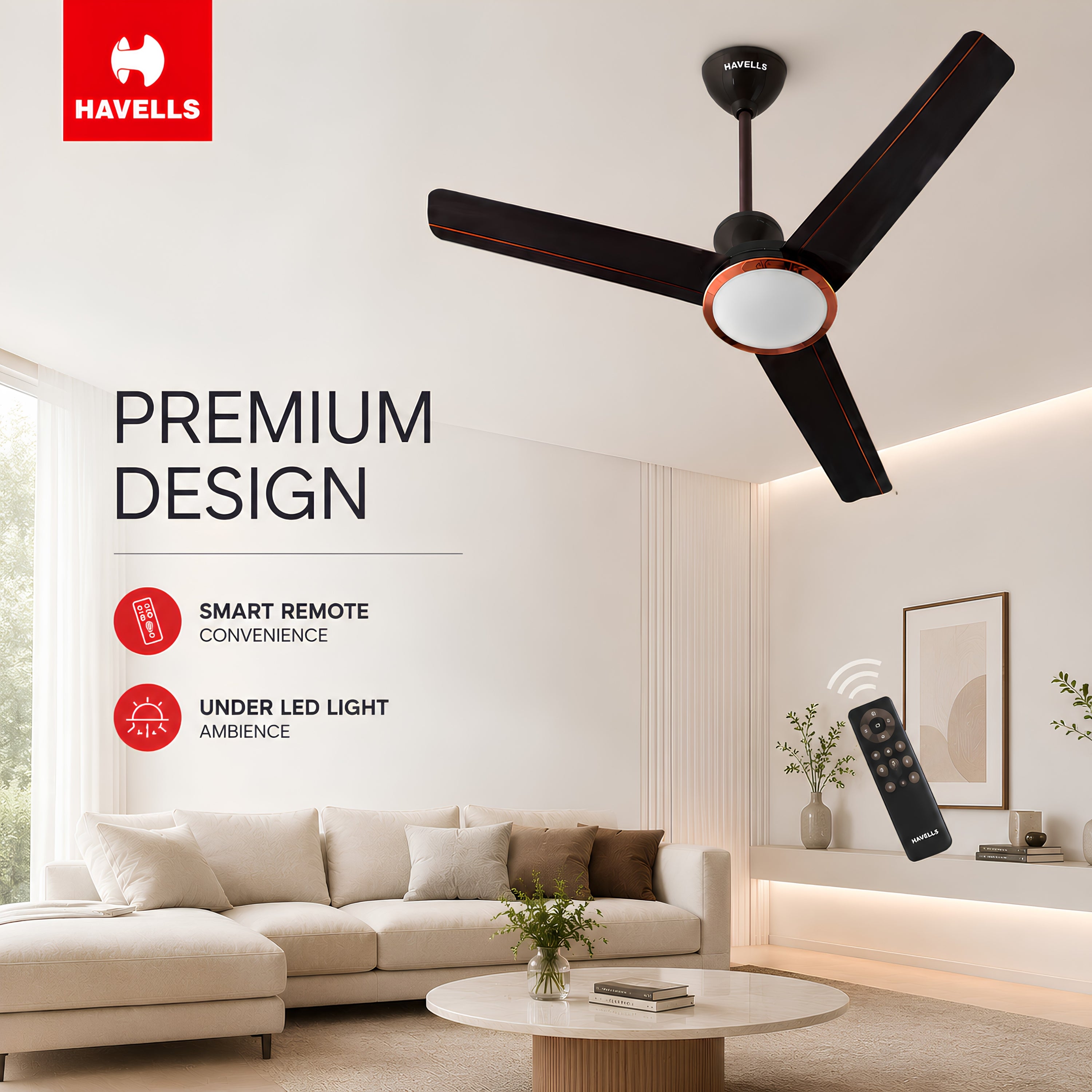 Havells Trinity Underlight 1200mm Ceiling Fan with Remote Control & LED Underlight | Premium Decorative Fan | Dusk LT Brown