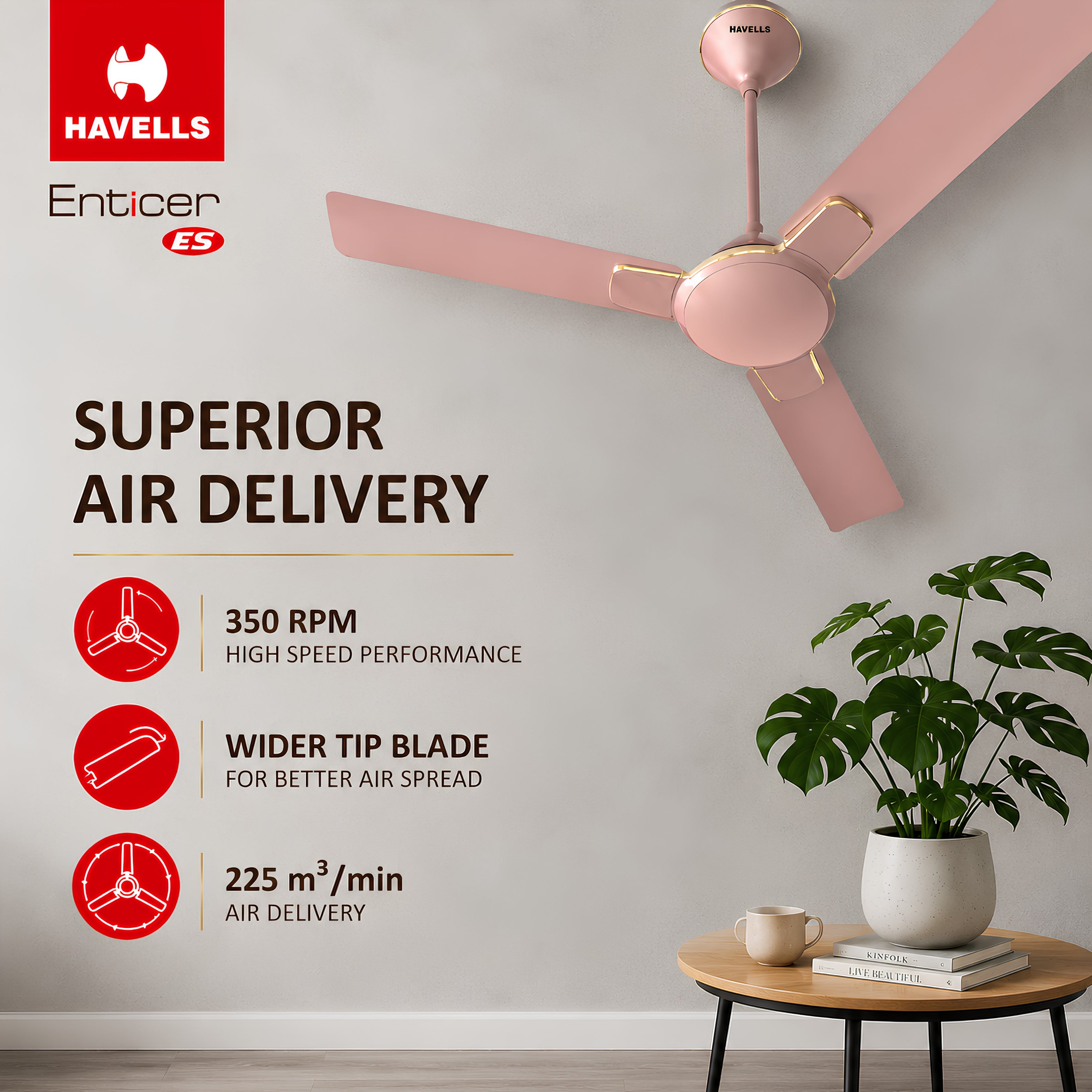 Havells Enticer 1200mm Ceiling Fan Rose Gold – High Speed Copper Motor Decorative Fan