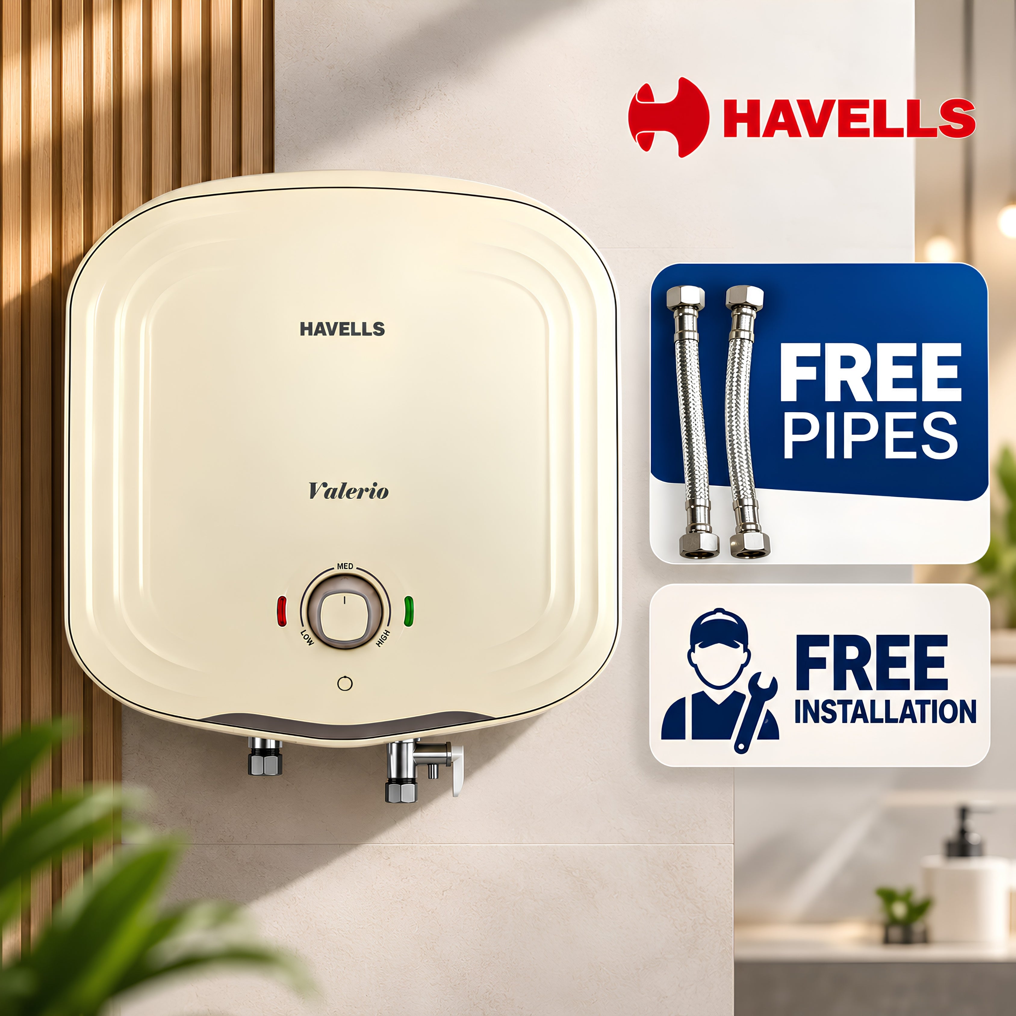 Havells Valerio 25-Litre Water Heater | 5-Star Rated | Glass-Coated Tank & Element | Free Installation + Pipes