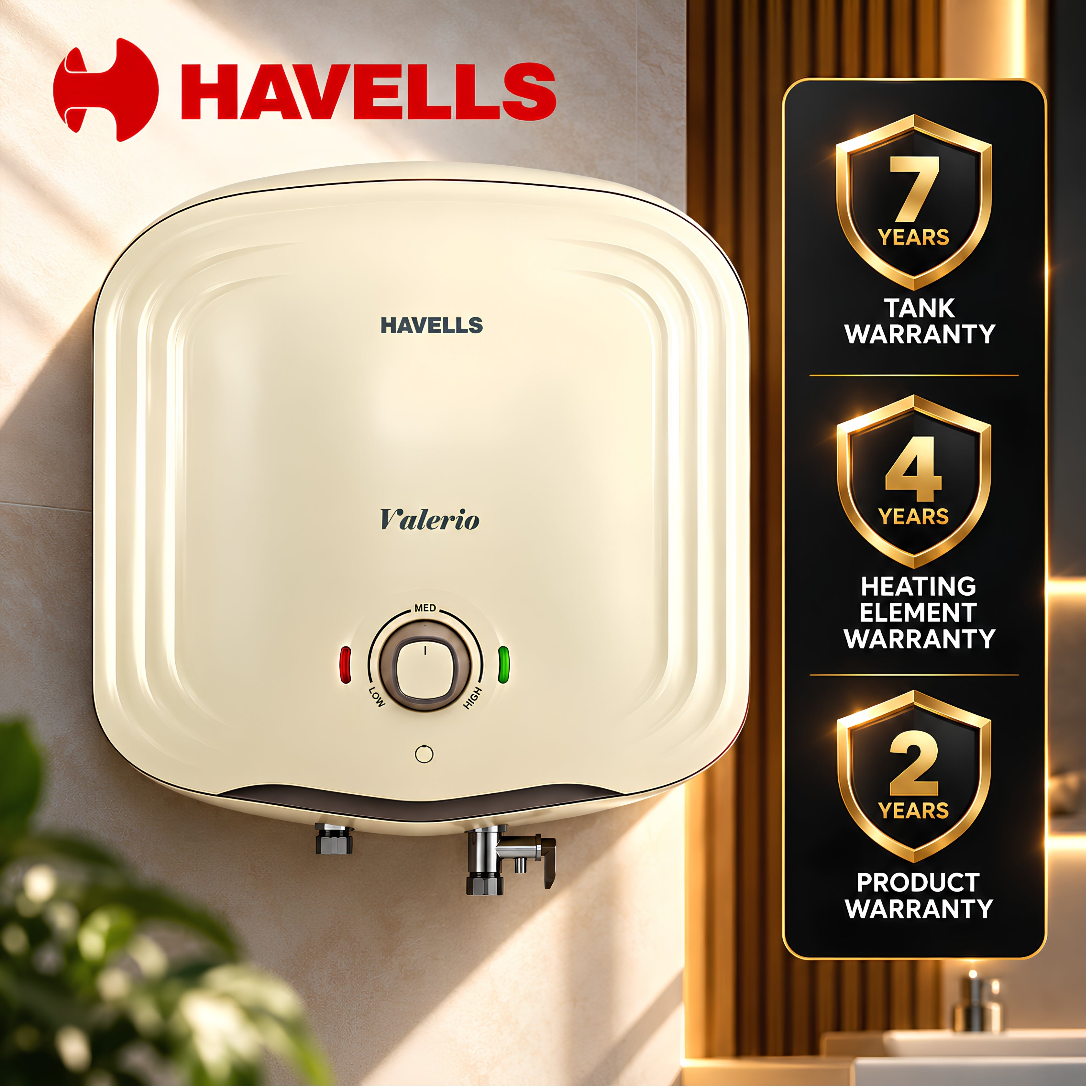 Havells Valerio 25-Litre Water Heater | 5-Star Rated | Glass-Coated Tank & Element | Free Installation + Pipes