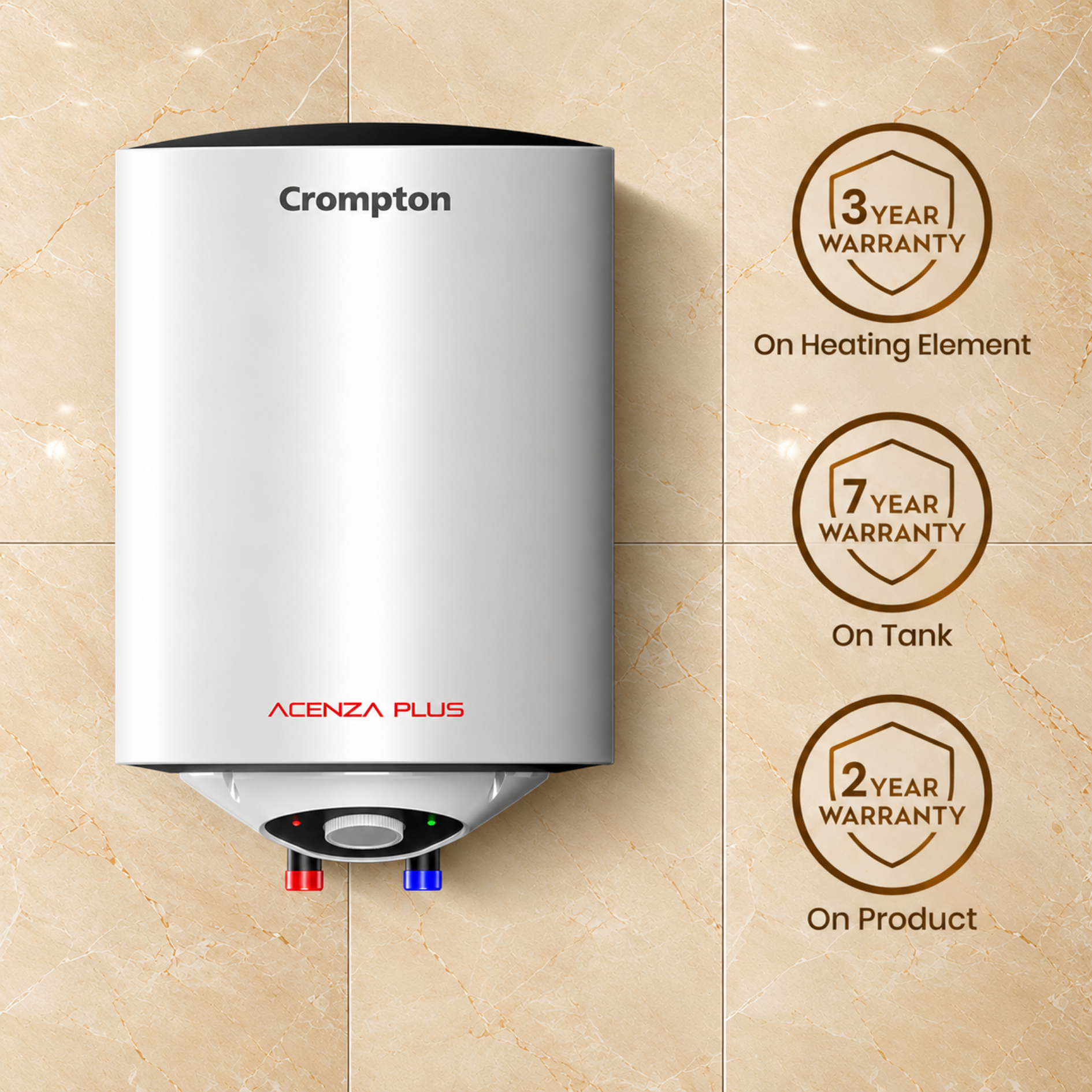Crompton Acenza Plus 25 L Storage Water Heater (Geyser) | Superior Glassline Coating | 8 Bar Pressure | 7-Year Tank Warranty | 2000W