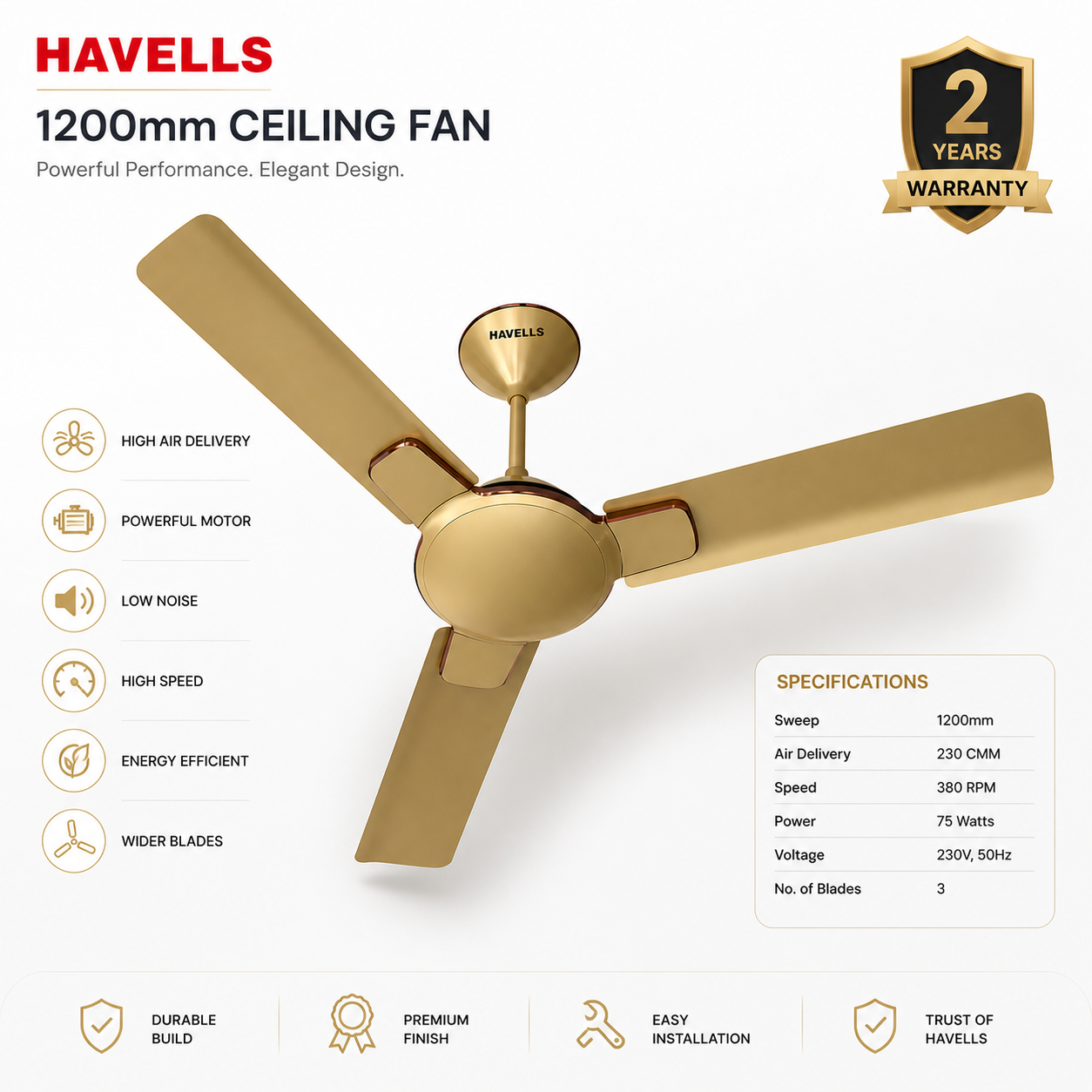 Havells Enticer ES 1200mm Ceiling Fan Beige Copper