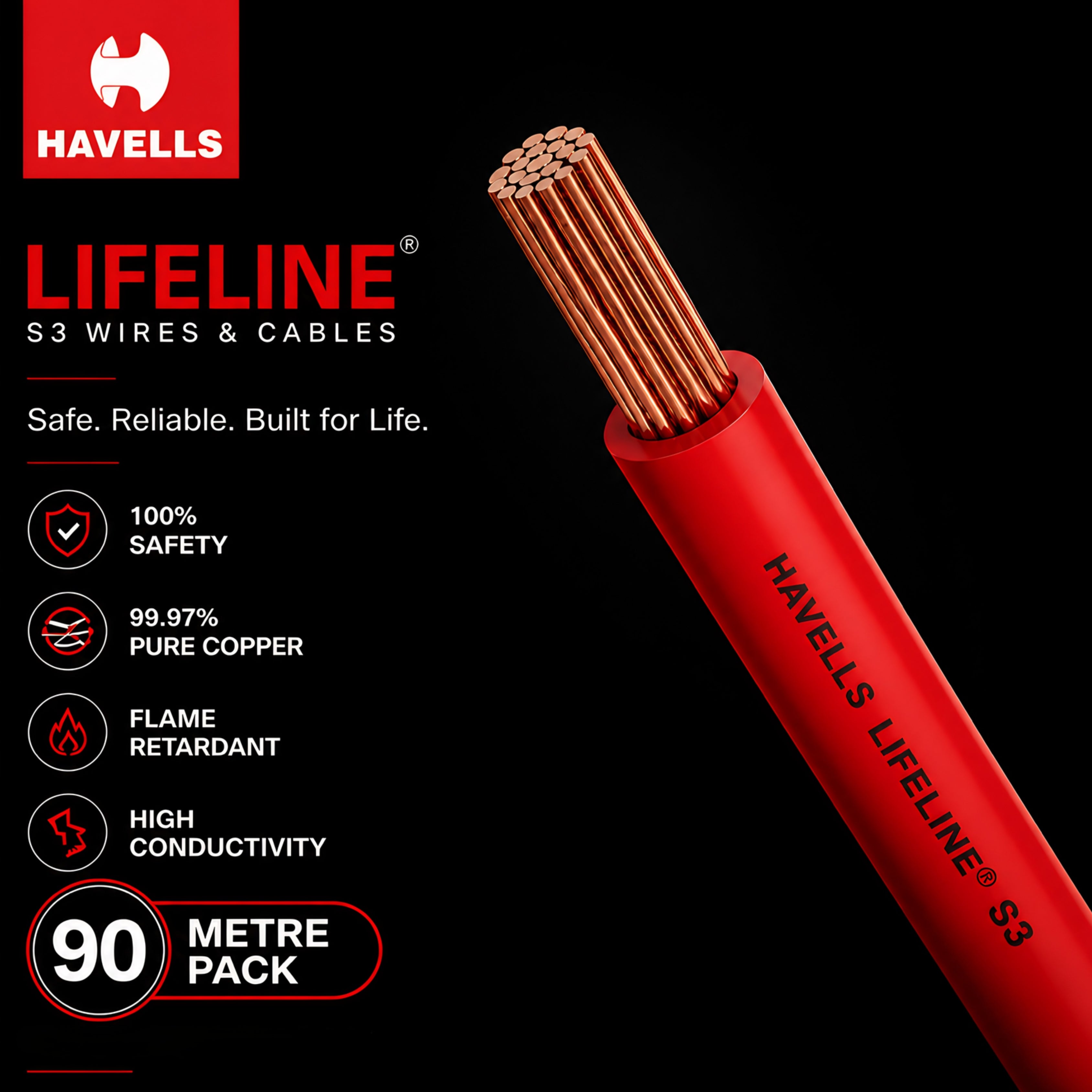 Havells Life Line Plus HRFR Copper Wire 0.75 sq.mm – 90 Meter Coil