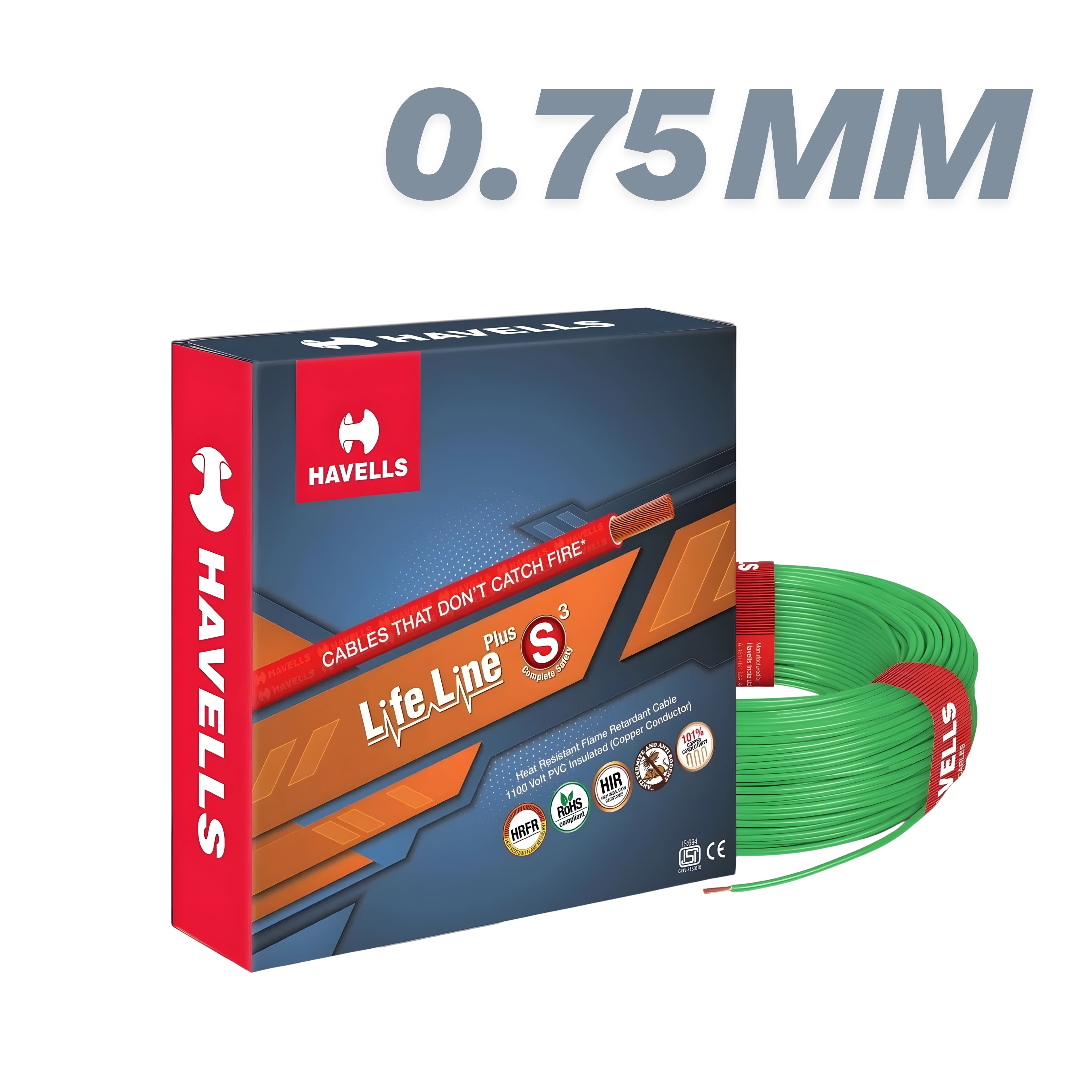 Havells Life Line Plus HRFR Copper Wire 0.75 sq.mm – 90 Meter Coil