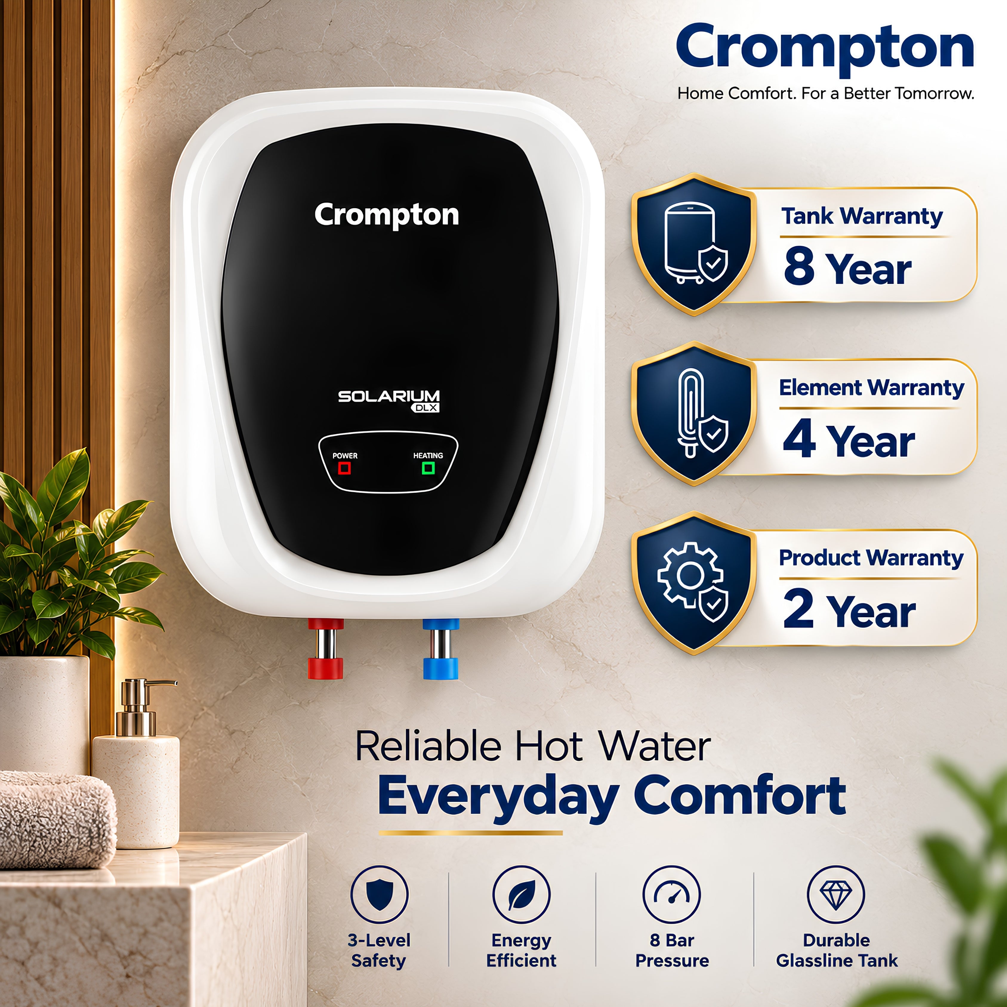 Crompton Solarium DLX 15 Litre Water Heater | 8 Year Tank, 4 Year Element & 2 Year Product Warranty | 5 Star BEE Rating | 2000W | Glassline Coated Tank | 8 Bar Pressure | 3-Level Safety | Storage Geyser | Free Pipe & Installation