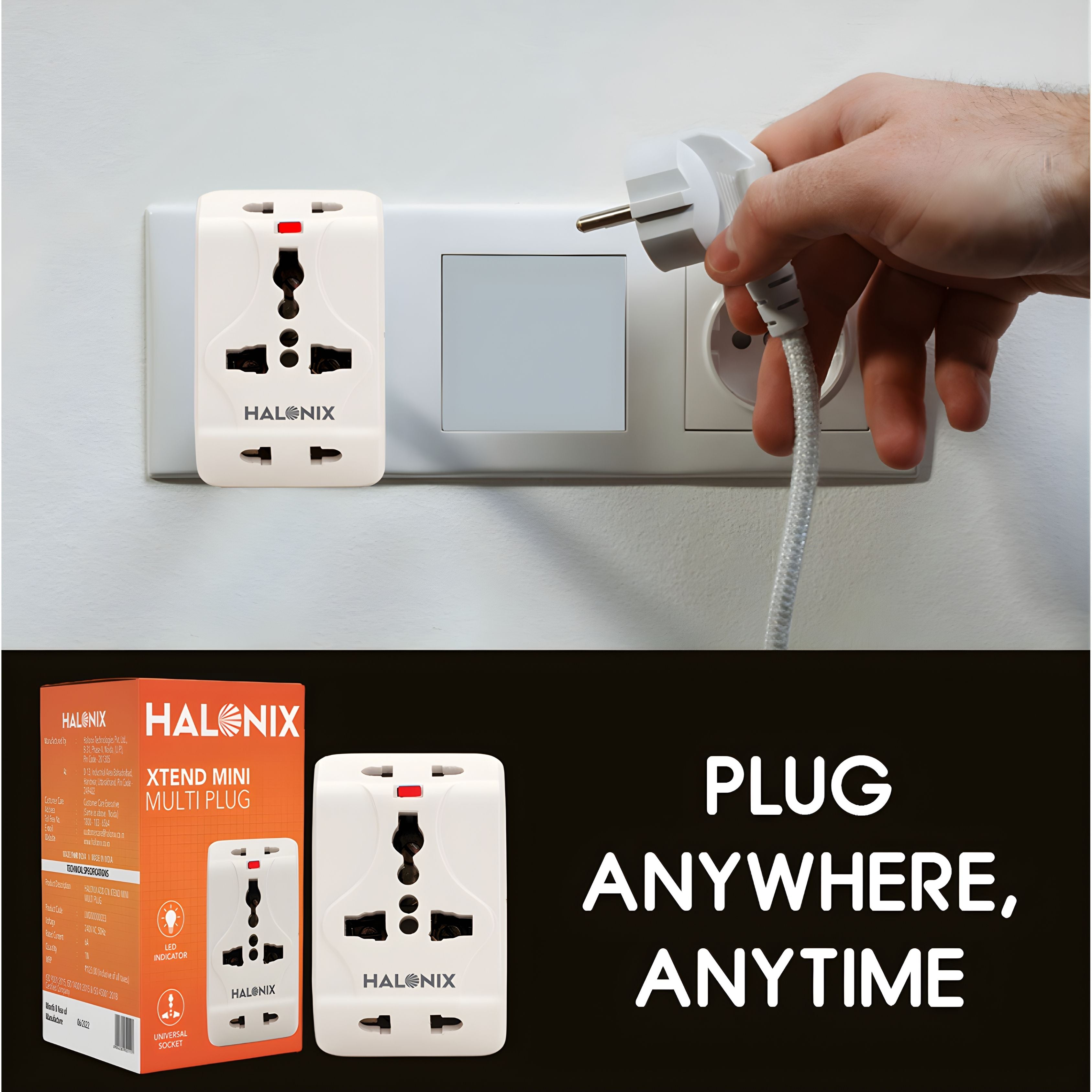 Halonix Xtend Mini Multiplug – 6A Universal 3-Pin Adapter | Compact Design