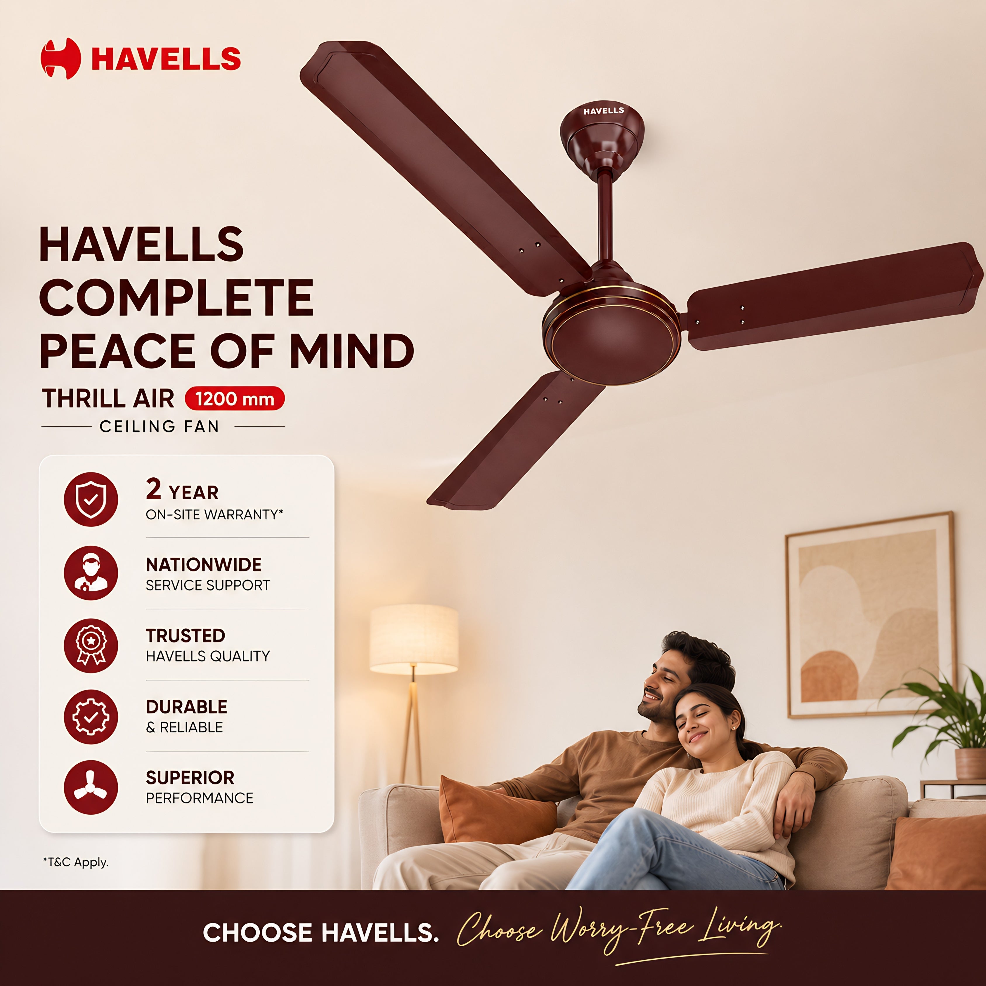 Havells Thrill Air Ceiling Fan (48 Inch) |100% Copper Motor | High Air Delivery | Energy Efficient | 100% Copper Motor | Brown