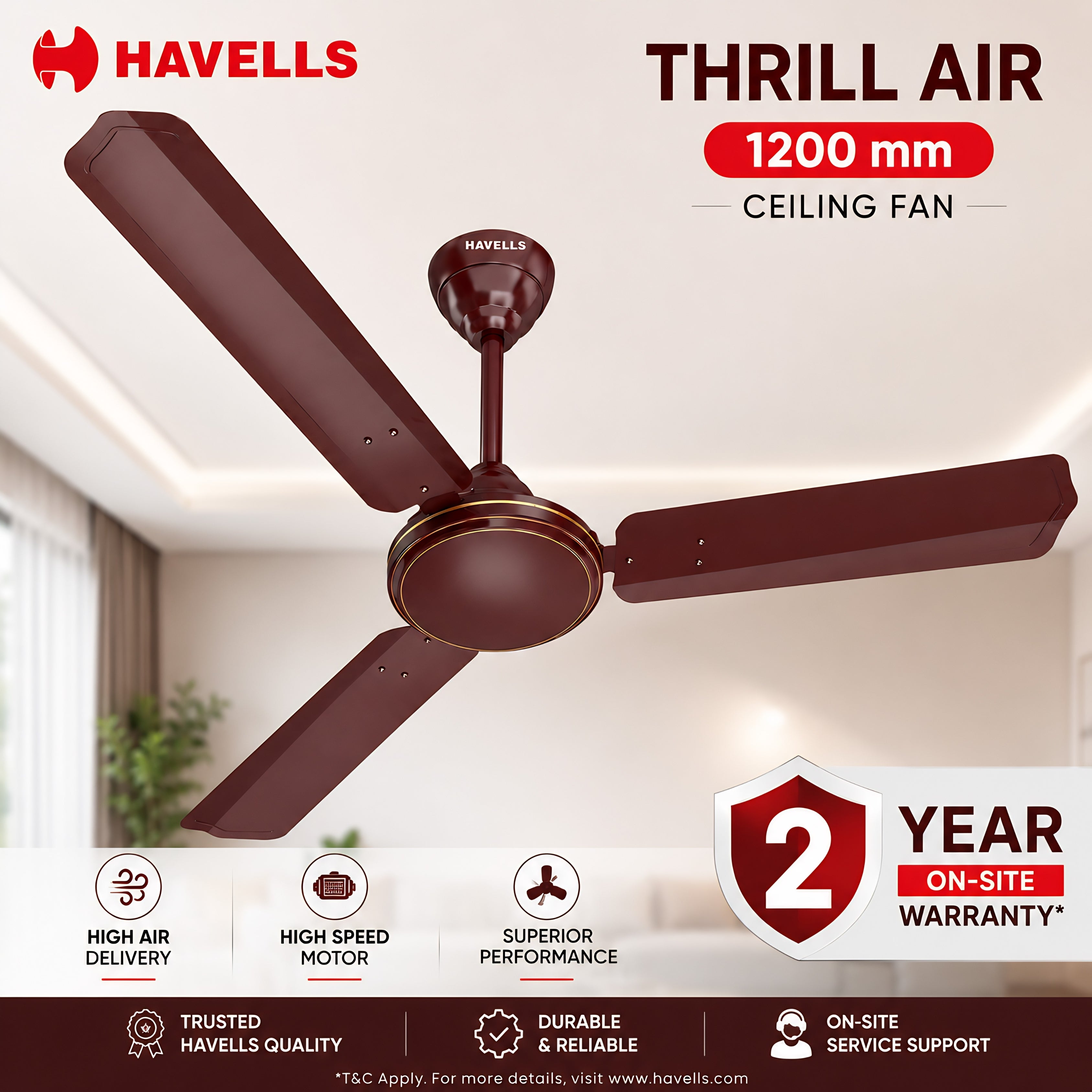 Havells Thrill Air Ceiling Fan (48 Inch) |100% Copper Motor | High Air Delivery | Energy Efficient | 100% Copper Motor | Brown