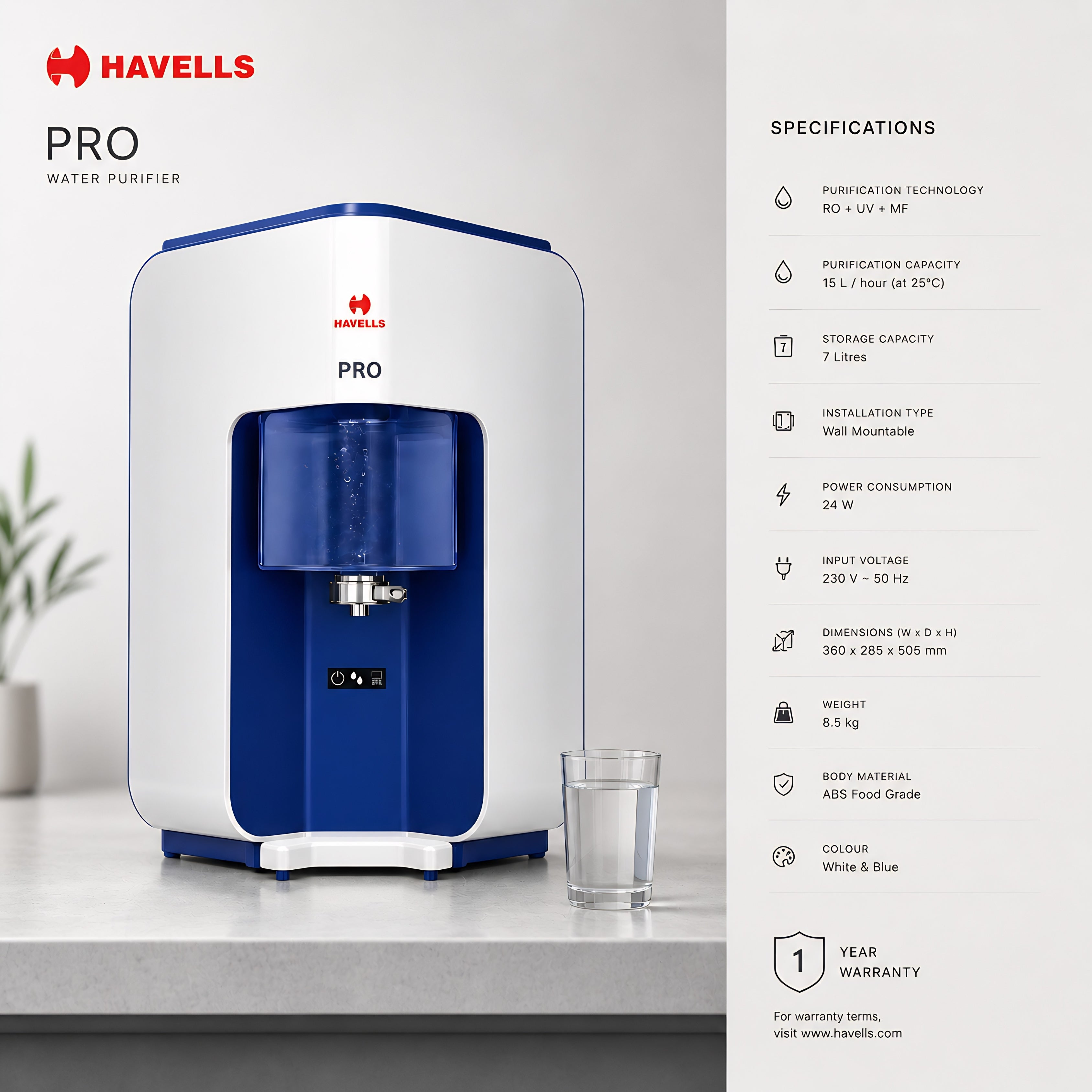 Havells Pro 7L RO UV Water Purifier – 7 Stage Advanced Filtration