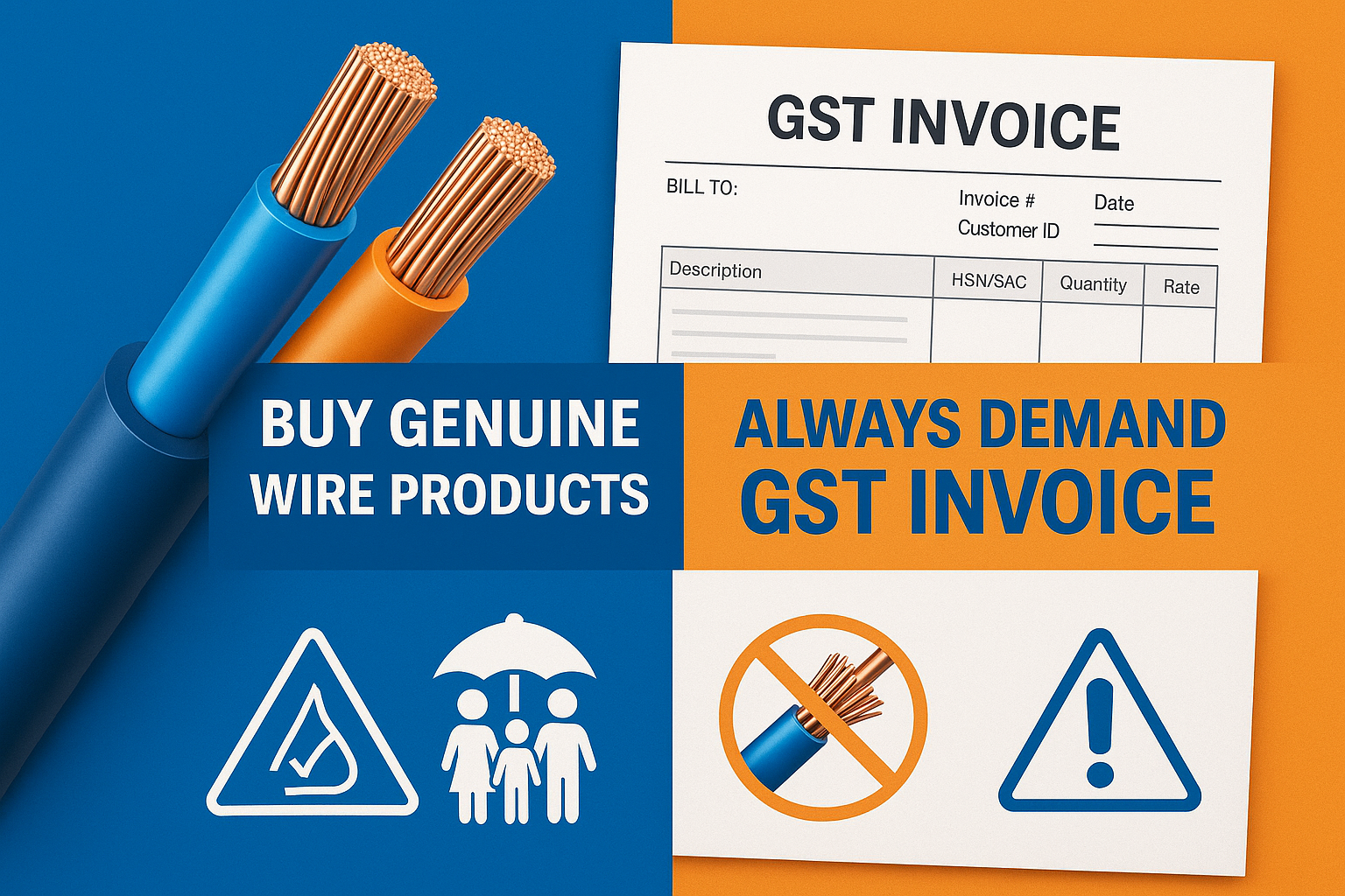wire is the most counterfeited products always buy wire and is the more important component for circuit which protects your family  always buy with gst invoice